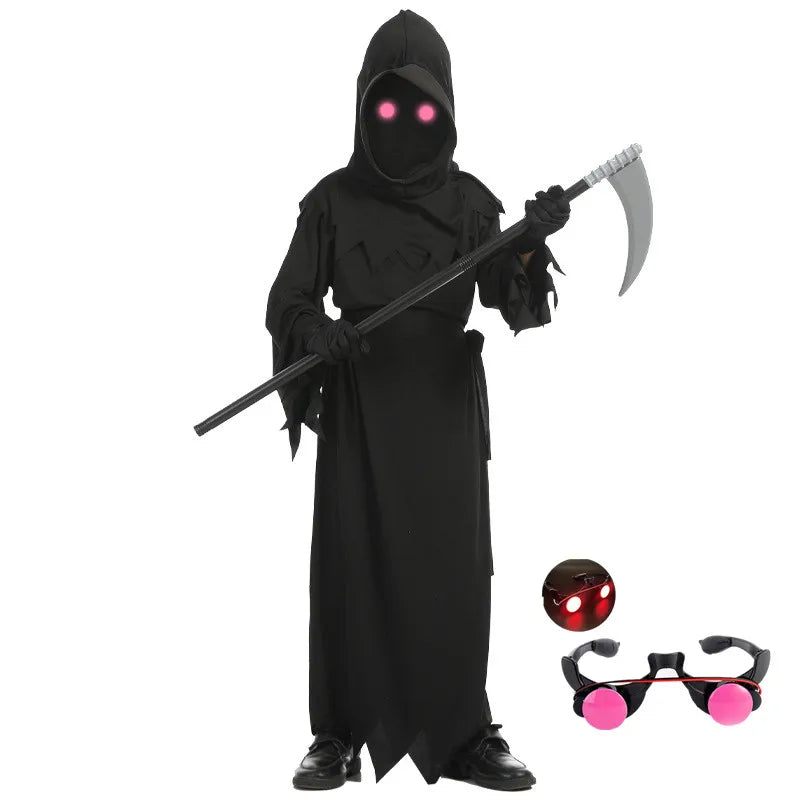 Glowing Red-Eyes Grim Reaper Costume with Scythe for Kids