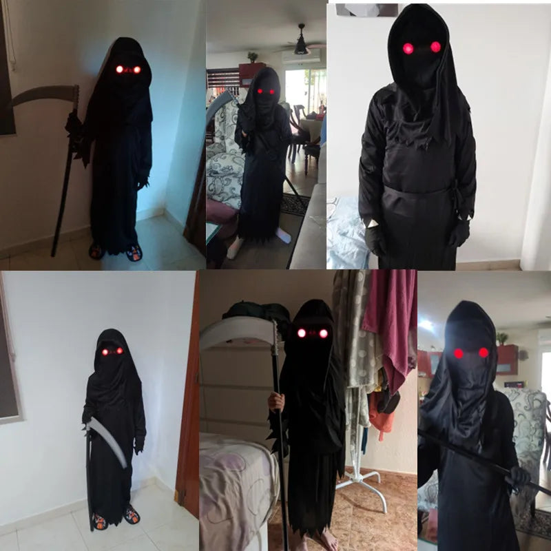 Glowing Red-Eyes Grim Reaper Costume with Scythe for Kids