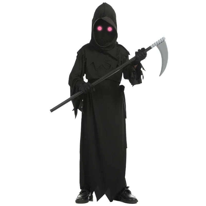 Glowing Red-Eyes Grim Reaper Costume with Scythe for Kids