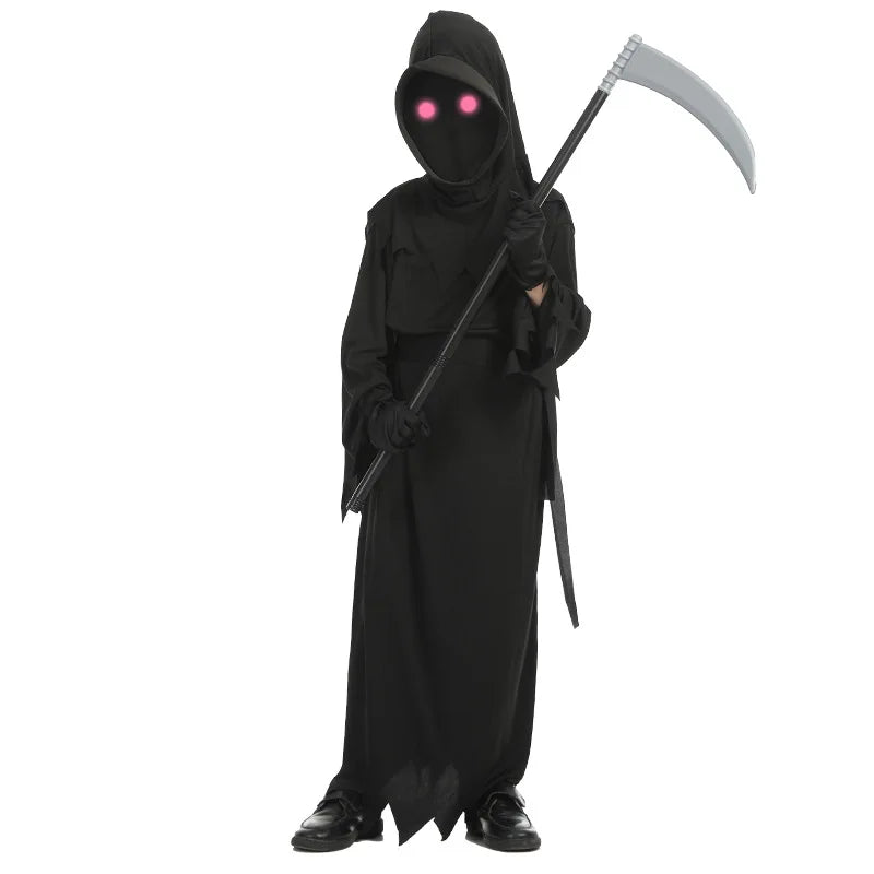 Glowing Red-Eyes Grim Reaper Costume with Scythe for Kids